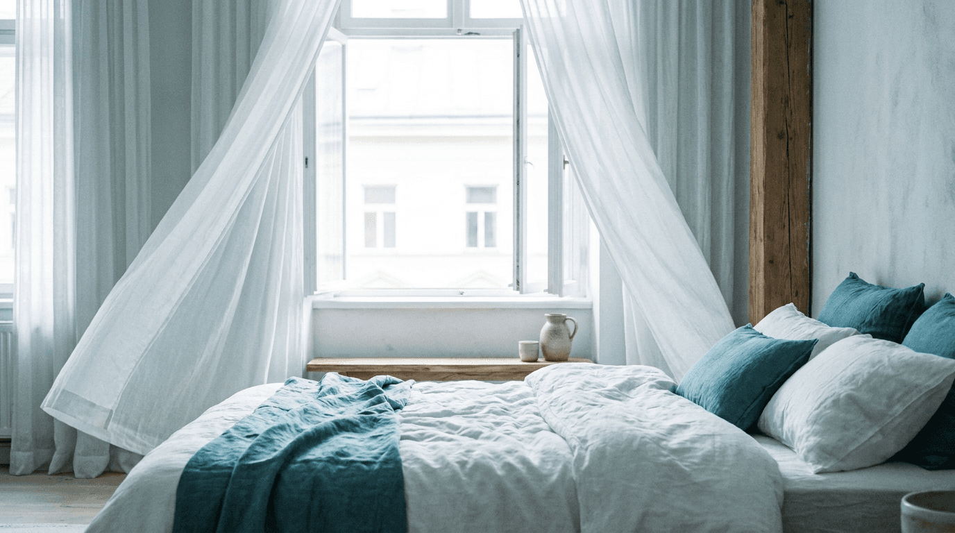 A cool, airy bedroom with an open window and light sheer curtains