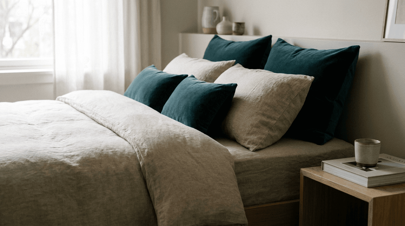 A neatly made bed with plush supportive pillows in soft side light