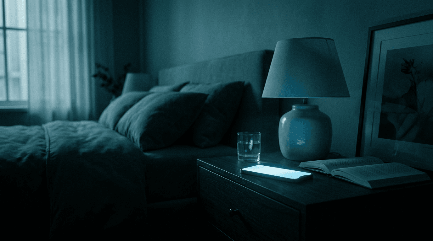 A dark bedroom at night lit by the cool glow of a phone screen on the nightstand