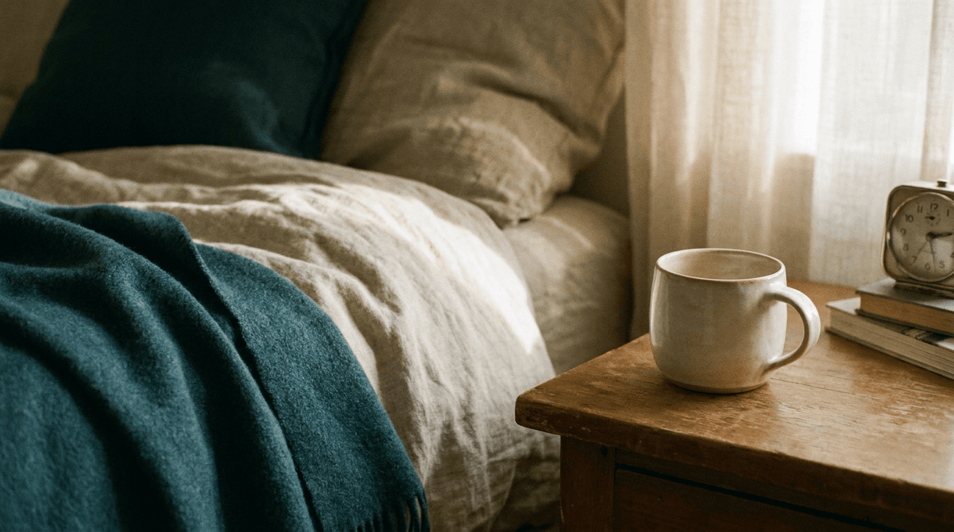 A ceramic cup of coffee on a calm nightstand in late-afternoon light