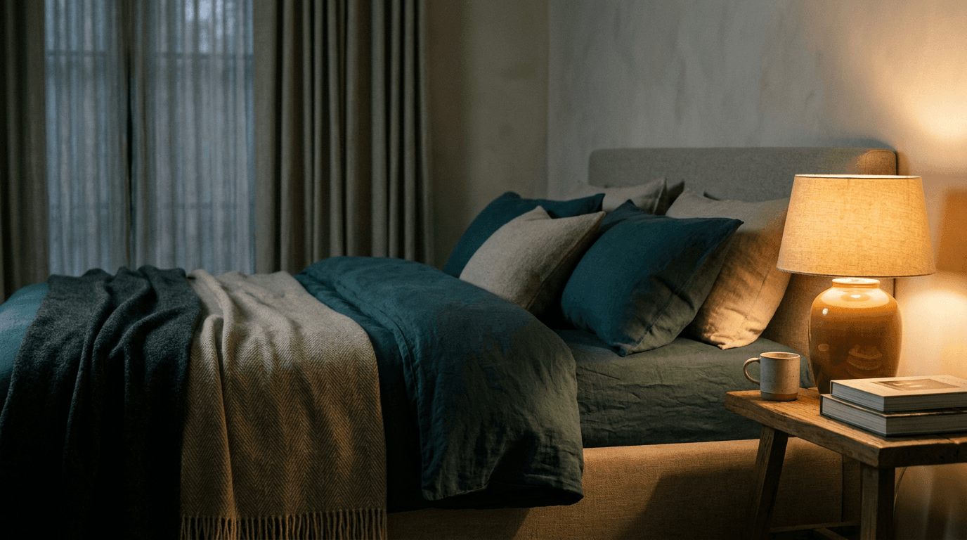 A tranquil dim bedroom at night with a softly glowing bedside lamp