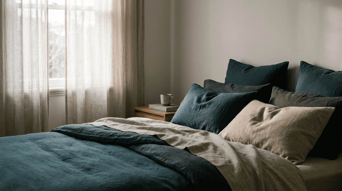 A softly lit bedroom at dawn with morning light through linen curtains