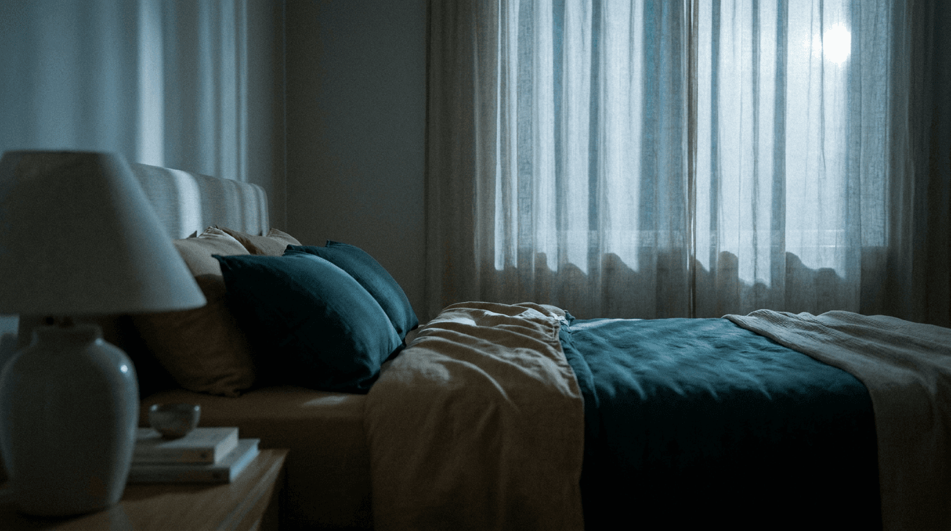 A calm, moonlit bedroom at night with soft teal and oat bedding