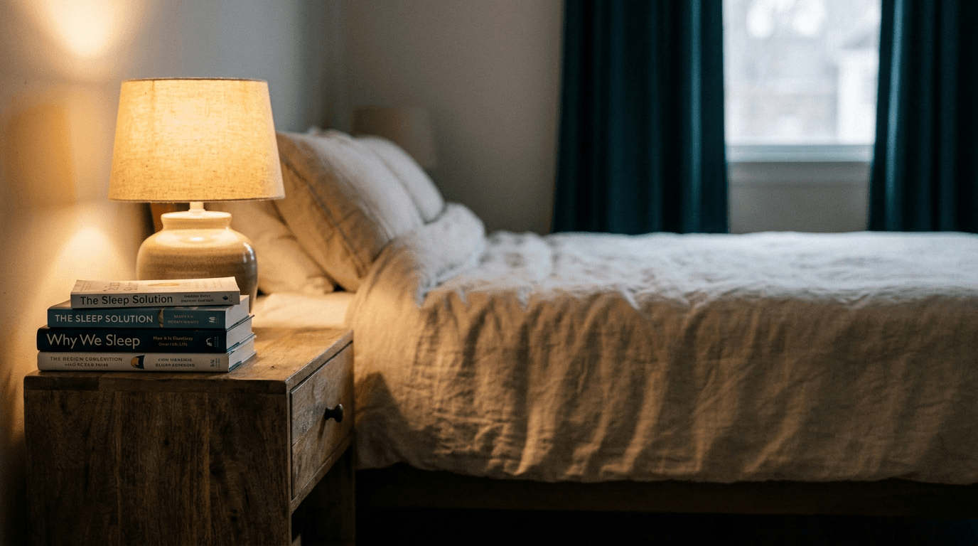 A serene, tidy minimalist bedroom in the evening with warm low lighting